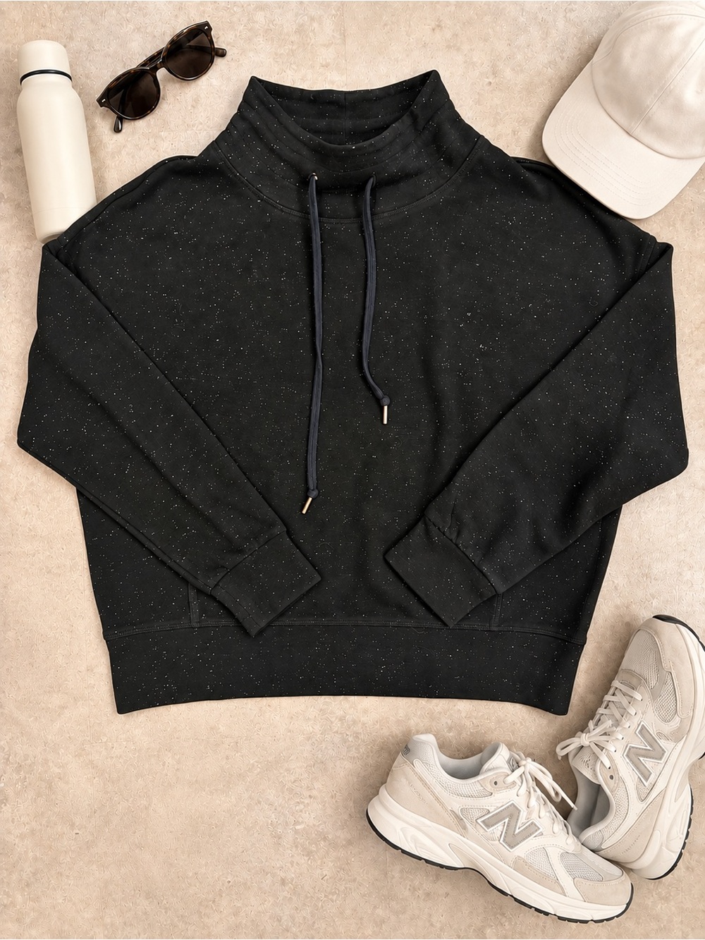 Varley DoubleSoft Black Speckled Funnel Neck Drawstring Sweatshirt M